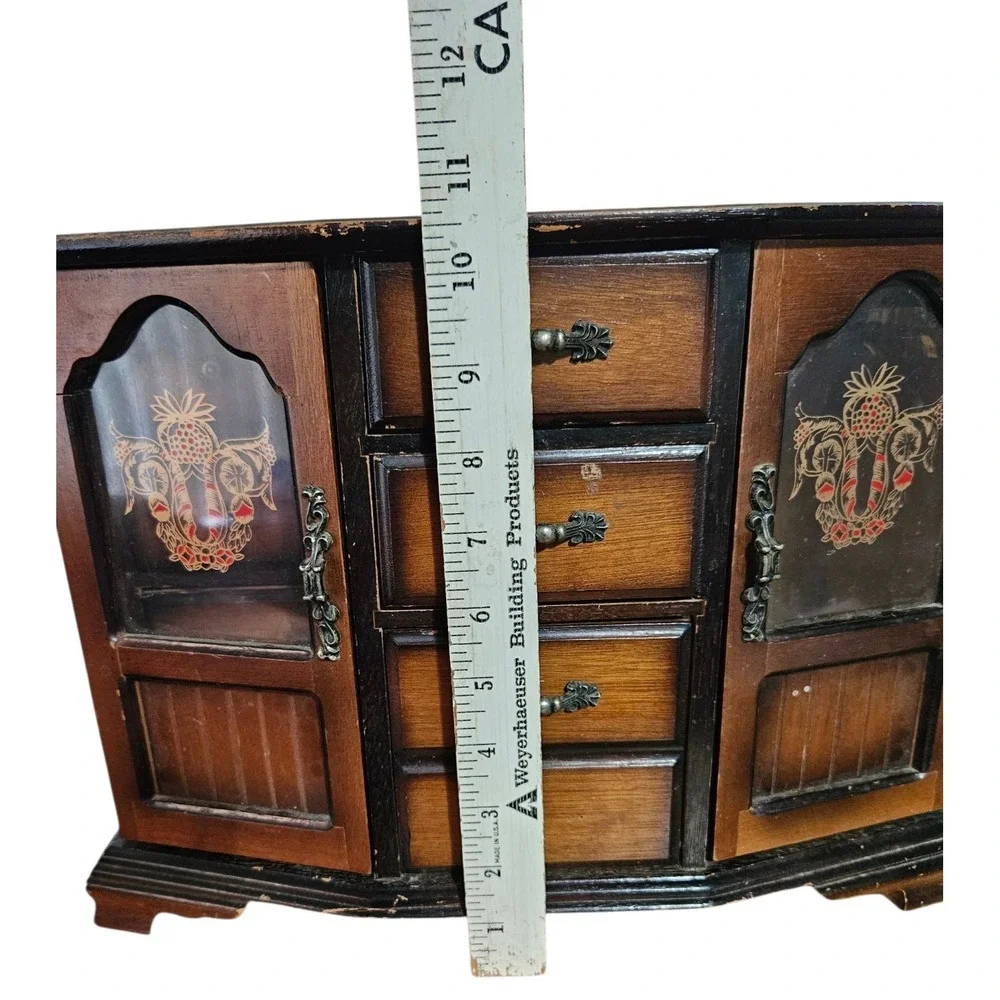 Vintage MCM Wooden Jewelry Armoire Etched Glass Doors & 4 Drawers Dresser 10.5
